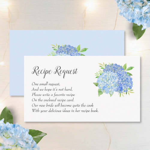 Blue hydrangea bridal shower recipe request cards with modern watercolor blue hydrangea bouquet with foliage and script typography.