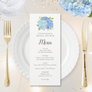 Bridal shower menu with blue hydrangea bouquet watercolor floral design.