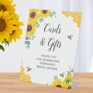 Bridal shower Cards and gifts table sign Bridal shower paper plates with watercolor honeycomb, bees, sunflowers and eucalyptus foliage.