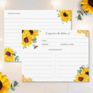 Bridal shower recipe card with watercolor honeycomb, bees, sunflowers and eucalyptus foliage.