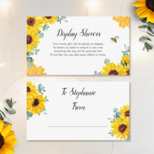 Display shower bridal shower enclosure card with watercolor honeycomb, bees, sunflowers and eucalyptus foliage.
