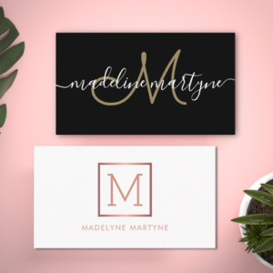 Simple clean elegant business cards with modern script typography and clean lines on a black or white background with faux rose gold accents.
