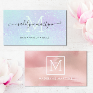 Chic professional business cards with clean typography design and glamorous shimmer inspired backgrounds in shades of purple and blue and blush pink tones.