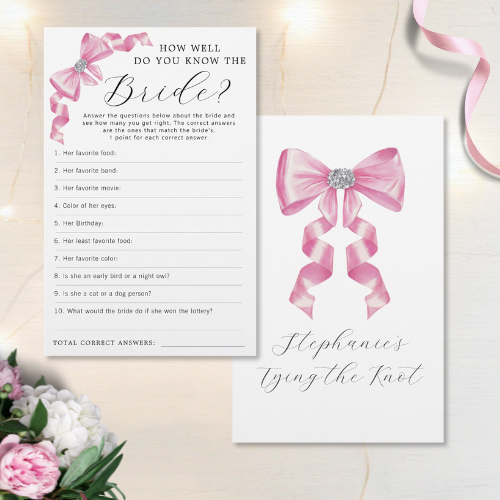 Shes tying the knot bridal shower coquette themed how well do you know the bride bridal shower game featuring a chic glam silky pink bow with sparkling rhinestones design and customizable modern script typography.